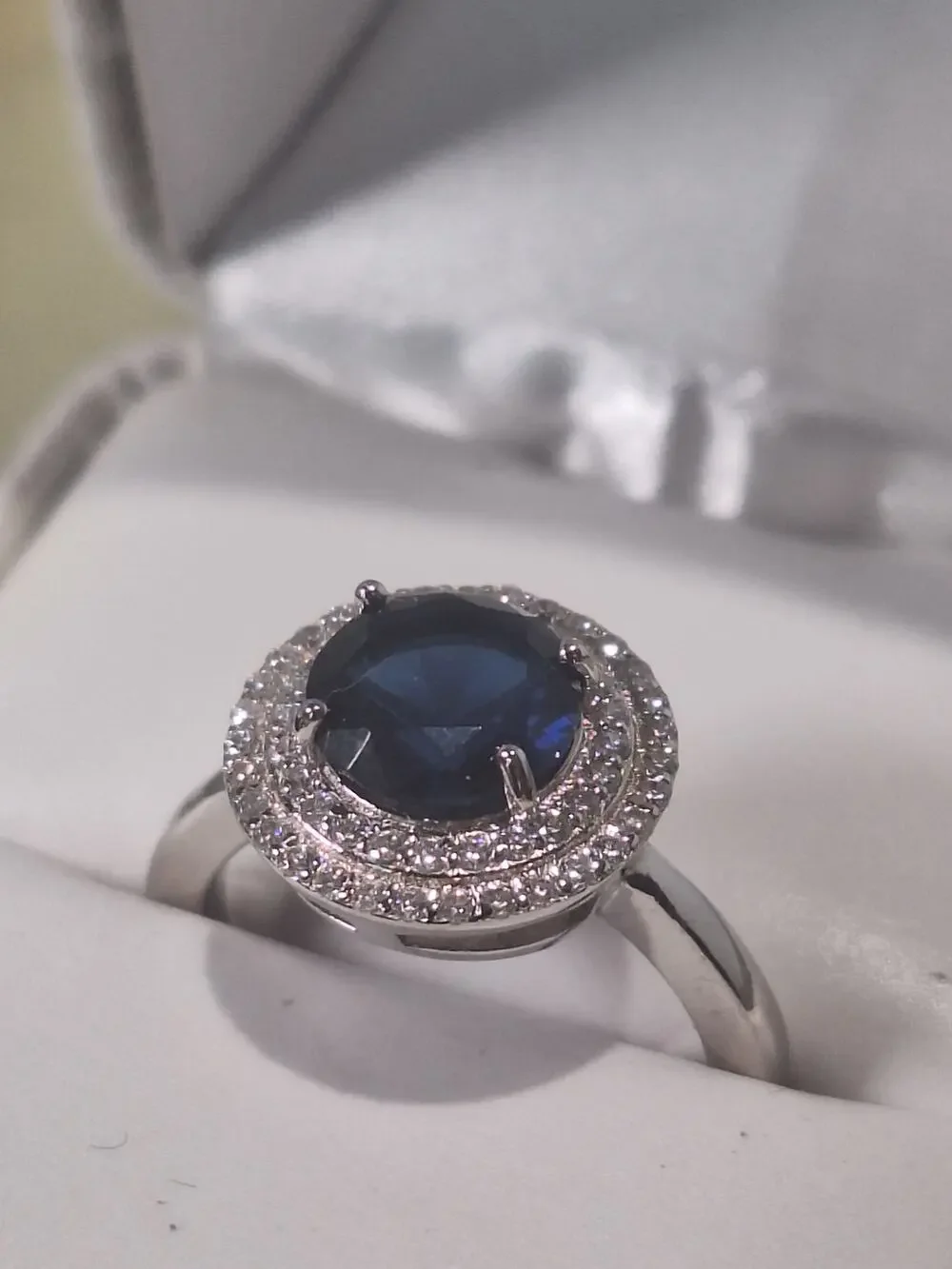 925 Sterling Silver 2.20ct Sapphire Halo Ring Round Blue Size 6.25 NIB